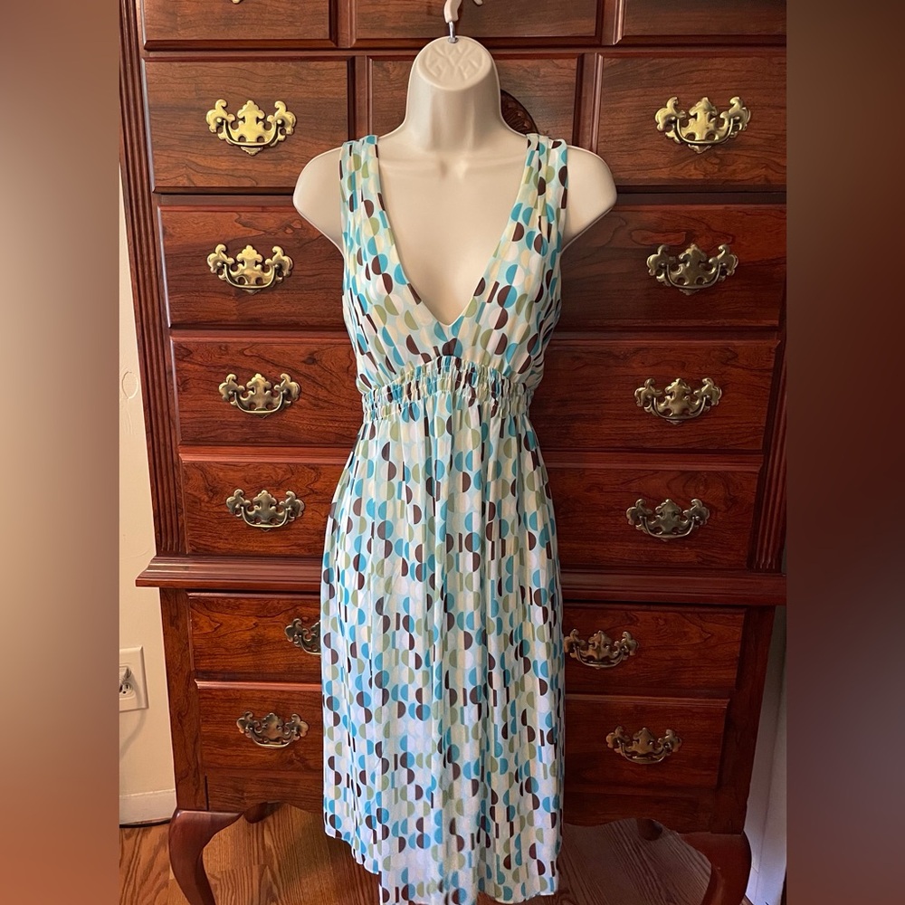 Blu Sage Blue and Brown Geometric Midi Dress